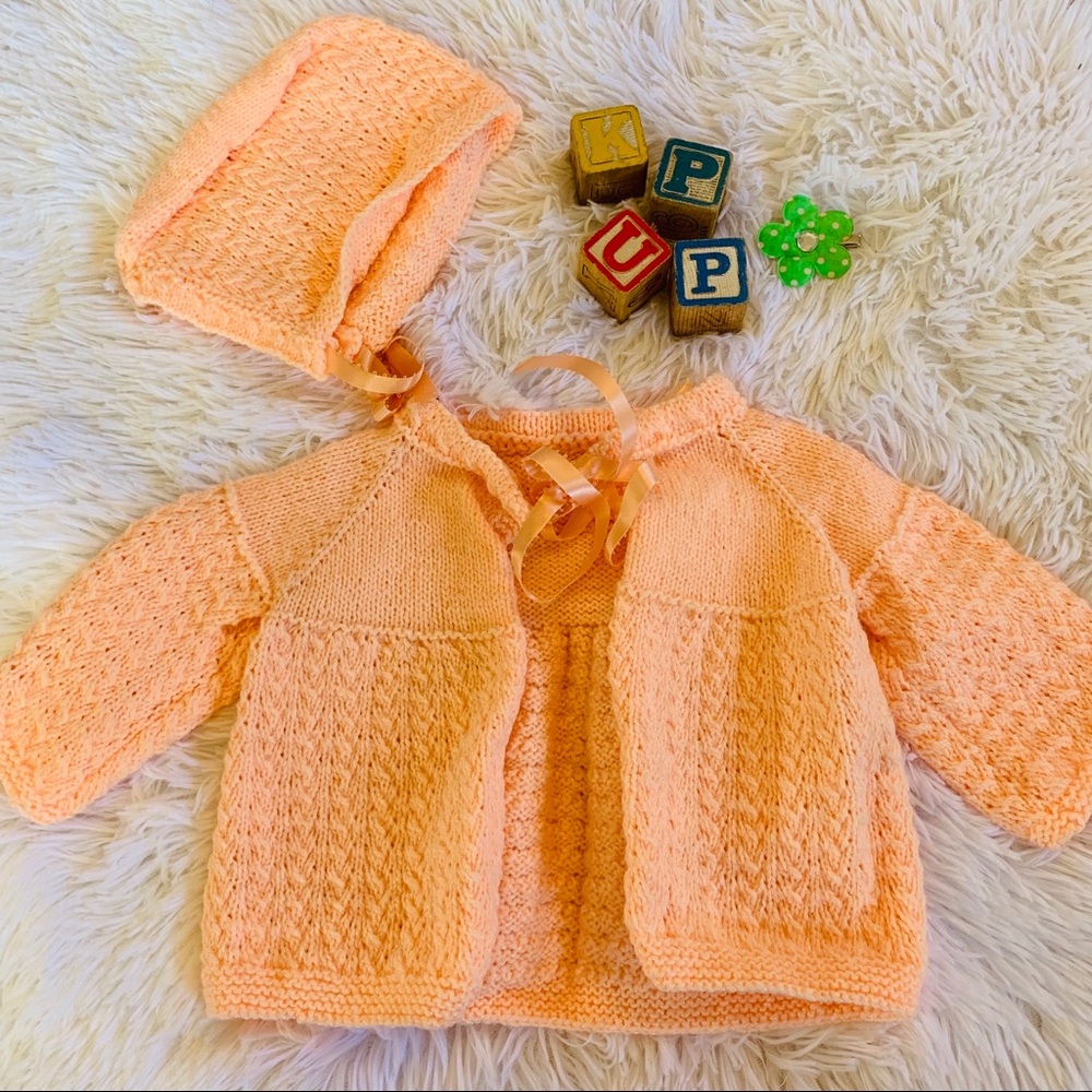 Coral Hand-knit Cardigan and Bonnet